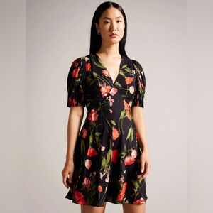 NWT Ted Baker Sienno Puff Sleeve Floral Jacquard Mini Tea Dress 3 / US 8